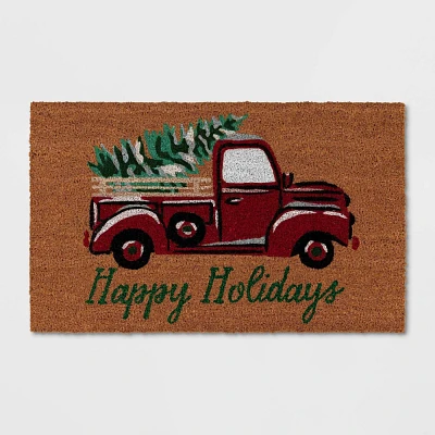 16x26 Happy Holidays Red Truck Coir Doormat - Wondershop