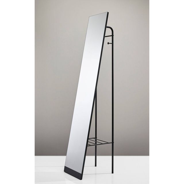 Tillie Floor Mirror - Adesso: Freestanding, Matte Black with Coat Hooks & Storage Shelf