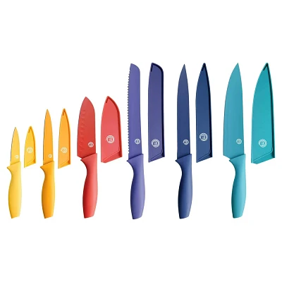 MasterChef 12pc Knife Set with Covers Sharp Nonstick Coated Kitchen Knives Vivid Color Collection