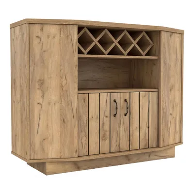 Winding Oaks Farmhouse 4 Bottle Lattice Wine Cabinet Light Oak - miBasics: Storage Sideboard with Adjustable Shelves