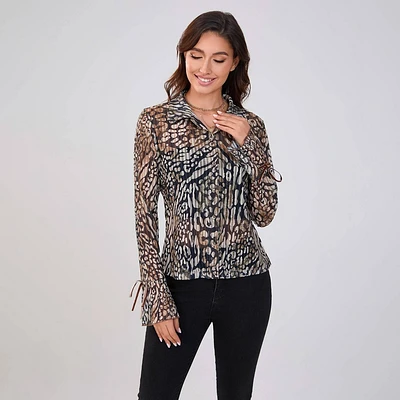 Womens Printed Button Long Sleeve Blouse