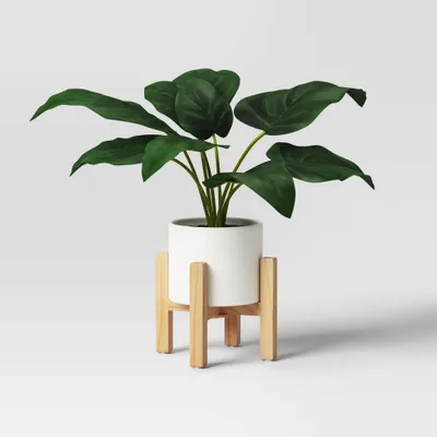 Artificial Leaf in Wood Planter - Threshold: Lush Taro, White Stoneware Pot, Indoor Decor