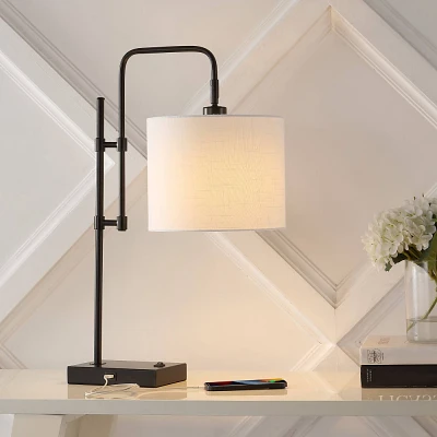 24.75 Edris Metal Task Lamp with USB, Linen Shade, Rocker Switch - JONATHAN Y