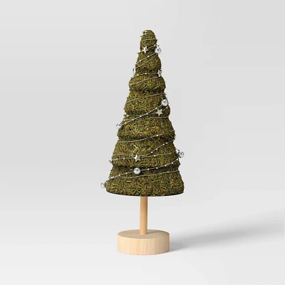 14 Lit Moss Cone Christmas Tree Sculpture with Wood Base - Wondershop Green