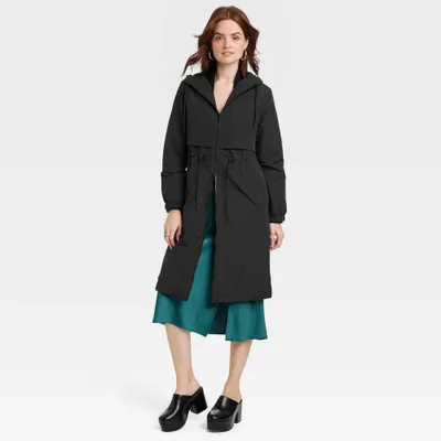 Womens Hooded Relaxed Fit Trench Rain Coat