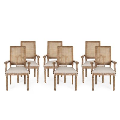 Set of 6 Maria French Country Wood & Cane Chairs: Queen Anne Style, Rubberwood Frame