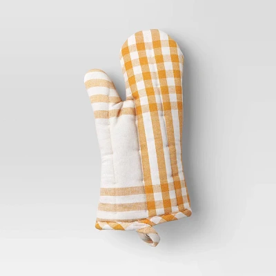 Plaid Oven Mitt Gold - Threshold: Cotton & Linen, Abstract Design, Fits All Sizes, OEKO-TEX Certified, Autumn Kitchen Textile