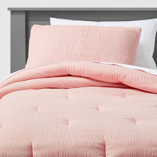 Full/Queen Seersucker Kids Comforter Set Pink - Pillowfort