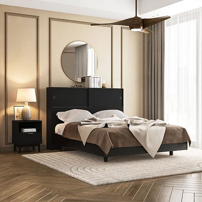 Polifurniture 2pc Queen Victoria Bedroom Set Black: Modern Engineered Wood, Storage Headboard, Melamine Finish