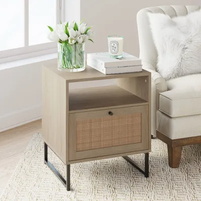 22 Mina Rattan and Wood Nightstand Side Table  - Nathan James: Boho-Chic Design, Enclosed Storage, Easy to Assemble