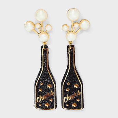 New Years Holiday Champagne Bottle Post Drop Earrings - Black/Gold