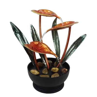 12 Indoor Tropical Floral Tabletop Fountain with Stone-Filled Base Black/Green/Copper - Alpine Corporation