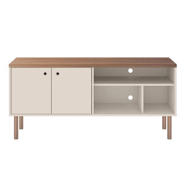 Windsor TV Stand for TVs up to 50 White/Natural - Manhattan Comfort: Media Console with Open Shelves & Cabinet Storage