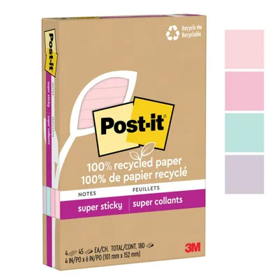 Post-it Recycled Super Sticky Notes 4x6 Pastels