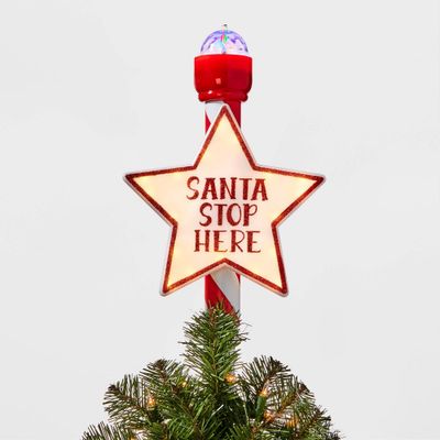 14.5in 21 LED Light Santa Stop Here Christmas Tree Topper Red - Wondershop