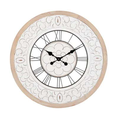 32x32 Wooden Floral Carved Wall Clock White - Olivia & May: Elegant Decorative Timepiece for Home