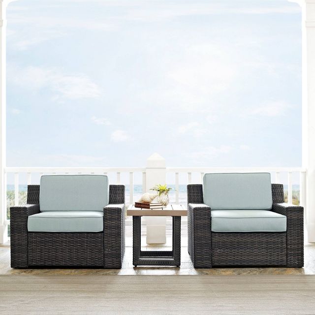 Beaufort 3pc Outdoor Wicker Seating Set with Side Table - Mist - Crosley: Weather-Resistant, UV-Protected Patio Ensemble