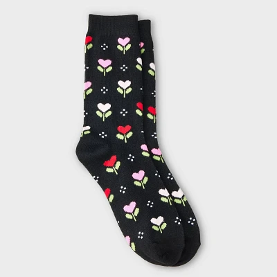 Women Tulip Heart Valentine Day Crew Sock - Black 4-10