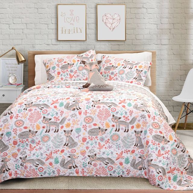 3pc Twin Kids Pixie Fox Reversible Quilt Set with Fox Throw Pillow Gray/Pink - Lush Dcor