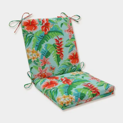 Tropical Paradise Squared Corners Outdoor Chair Cushion Blue - Pillow Perfect: Weather-Resistant with Ties