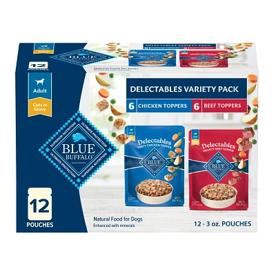 Blue Buffalo Delectables Grain Free Natural Wet Dog Food Topper Variety Pack Chicken Dinner & Beef Dinner - 3oz/12ct