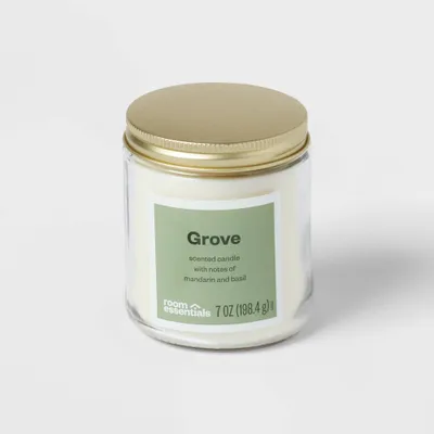 7oz Glass Jar Grove Candle with Lid - Room Essentials: Scented, Harvest Spice, Basil & Mandarin Aroma, 25hr Burn Time