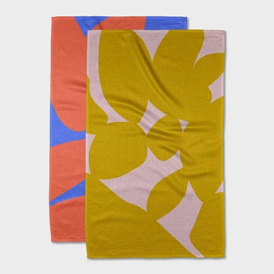 Geometry Tea Towel Set Fusion: Modern Abstract & Floral Quick Dry Kitchen Towels, 2-Piece, Microfiber, 18x30