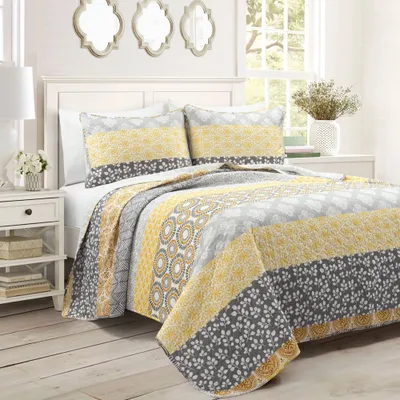 3pc Full/Queen Bohemian Striped Reversible Oversized Cotton Quilt Bedding Set Yellow/Gray - Lush Dcor