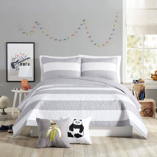 2Pc Twin Lavelle Kids Quilt Set Gray - Urban Playground: Kids Bedding, Twin Quilts, Rugby Stripe, Polyester, 2 Pieces