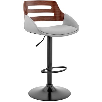 Karter Adjustable Counter Height Barstool with Gray Faux Leather Seat Walnut Finish Back Black Steel Base - Armen Living