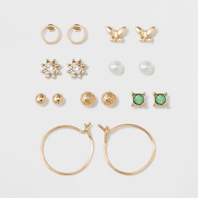 Two Spheres, Two Circles, Flower, Pearl, Green Stone & Bow Stud Earring Set 8pc - A New Day Gold