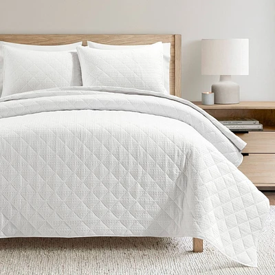 Lush Dcor 3pc Haniya Waffle Woven Cotton Textured Quilt Set White: Year-Round Comfort