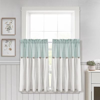 Set of 2 (36x29) Farmhouse Linen Button Kitchen Curtain Tiers Blue/White - Lush Dcor