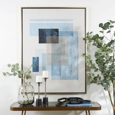 Canvas Geometric Overlapping Square Framed Wall Art with Gold Textured Grid Accent Blue - Olivia & May