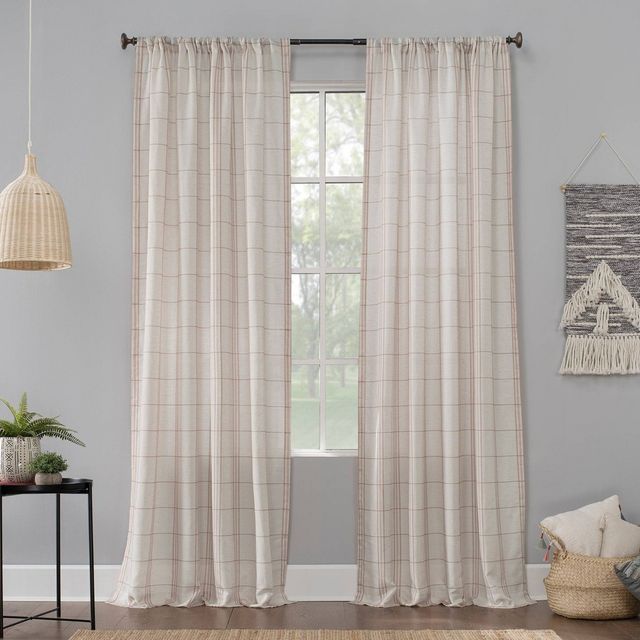 63x54 Castille Farmhouse Plaid Beige Semi-Sheer Rod Pocket Curtain Panel Pink/Beige - No. 918