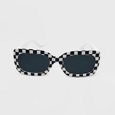 Checkerboard Print Rectangle Sunglasses - Wild Fable White