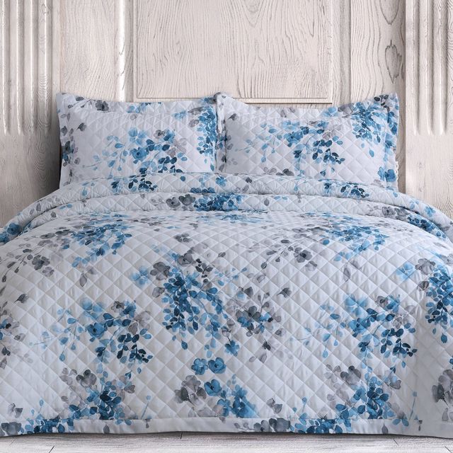 Queen Isabella Organic Cotton Quilt Set White/Blue - Azores Home