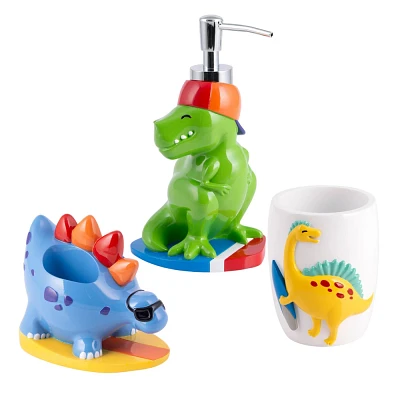 Allure Home Surfin Dino Kids 3pc Bath Set: Resin Bathroom Accessories, Soap Dispenser, Toothbrush Holder, Tumbler