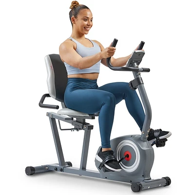 Sunny Health & Fitness Essentials Series Magnetic Smart Recumbent Exercise Bike with Bluetooth - Gray