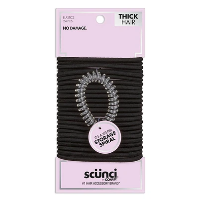 scnci No Damage Elastic Hair Ties with Storage Ring - Thick Hair - Black - 24pcs