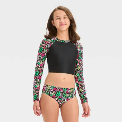 Girls Floral Printed Rash Guard Set