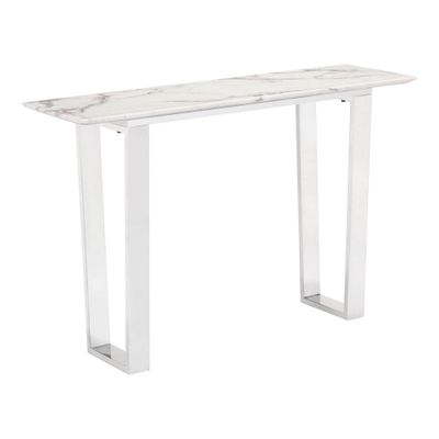 Modern Rectangular Faux Marble Console Table - Stone, Brushed Stainless Steel - Zm Home