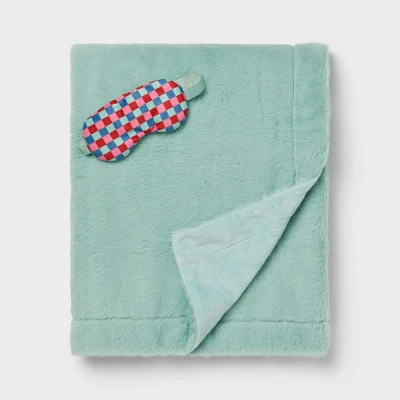 Multi Check Eye Mask and Teal Kids Throw Blanket Gift Set - Pillowfort