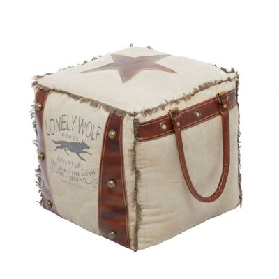 Olivia & May Rustic Leather and Canvas Foot Stool Ottoman  : Square Pouf, No Assembly, Spot Clean