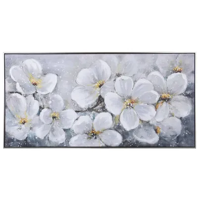 StyleCraft White Plumerias in Bloom Art Print on Framed Canvas Yellow: Modern Art Deco Style, Silver Frame, Botanical Digital Art