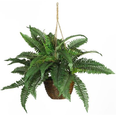 18 x 29 Artificial Boston Fern Silk Hanging Basket - Nearly Natural: Indoor Faux Fern in Wicker Basket