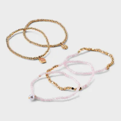 Beaded Stretch Charm Bracelet w Semi Precious Rose Quartz Set 5pc - Universal Thread Gold/Pink