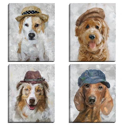 Masterpiece Art Gallery Set of 4 Hat Happy Unframed Wall Canvases: Modern Animal Paintings, MDF & Canvas, 14x11