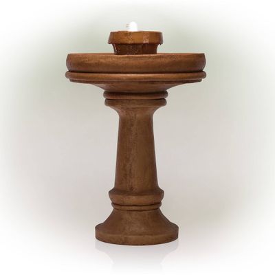 29 Resin Outdoor 2-Tier Traditional Birdbath Water Fountain with LED Lights Brown - Alpine Corporation