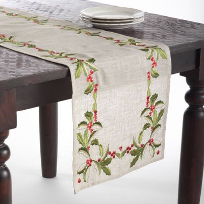 16x54 Embroidered Holly Design Table Runner Natural - Saro Lifestyle